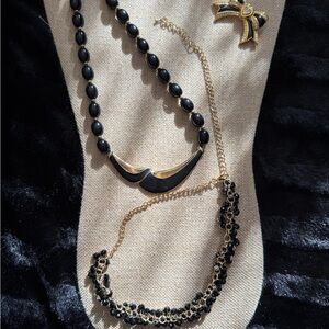 2 Elegant Black & Faux Gold Necklaces & Black & Gold Tone Rhinestone Brooch